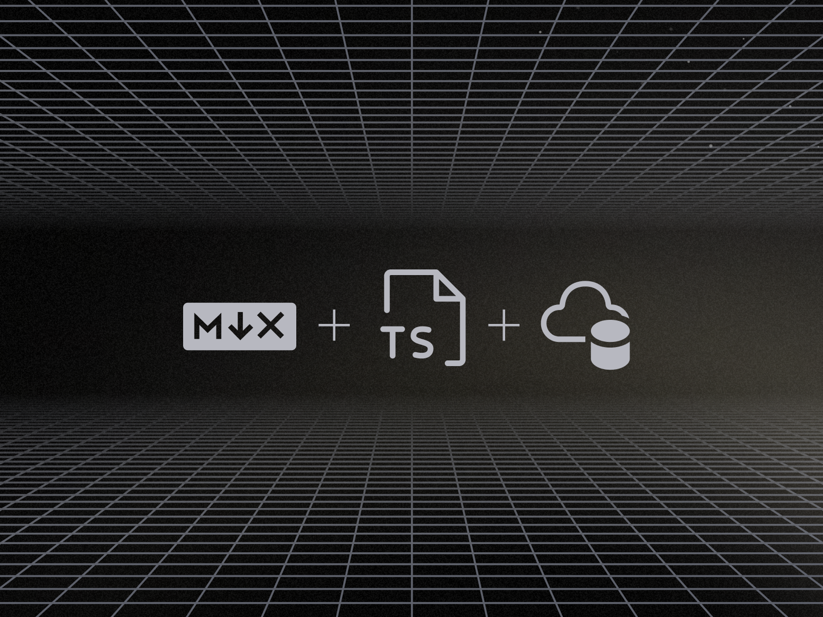 Foreground: MDX symbol plus a typescript file plus a cloud database symbol. Background: two-dimensional gradients spanning a distance infinitely far away, that appears to make a floor and a ceiling from the viewers perspective.