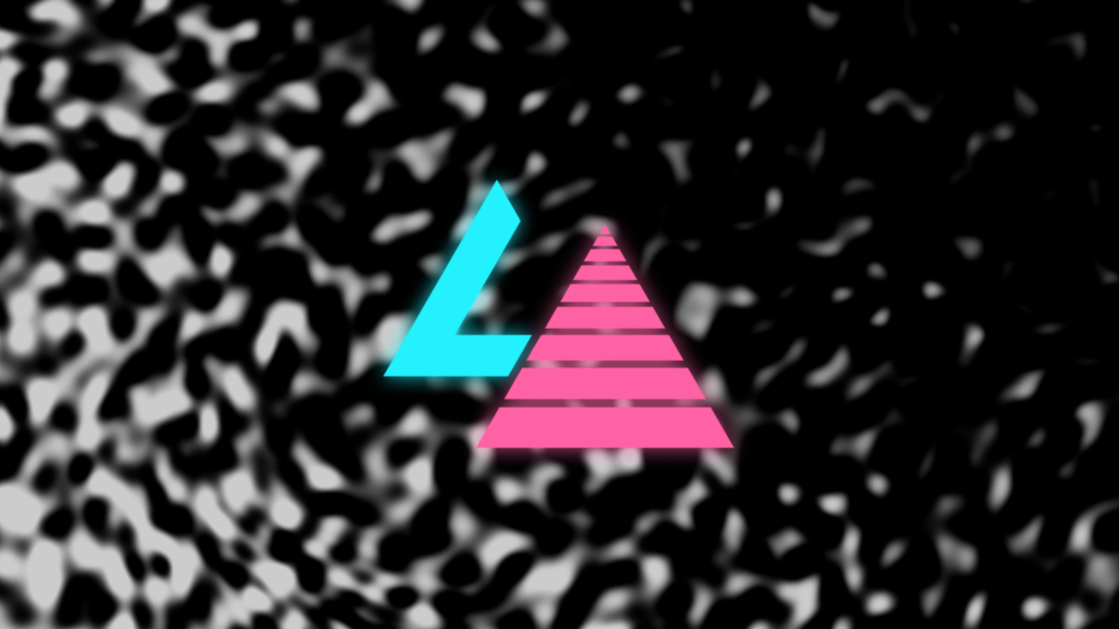 Foreground: A pink pyramid overlaps an bold-blue acute letter L. Background: An out-of-focus fluid-like black and white pattern resembling a zebra.