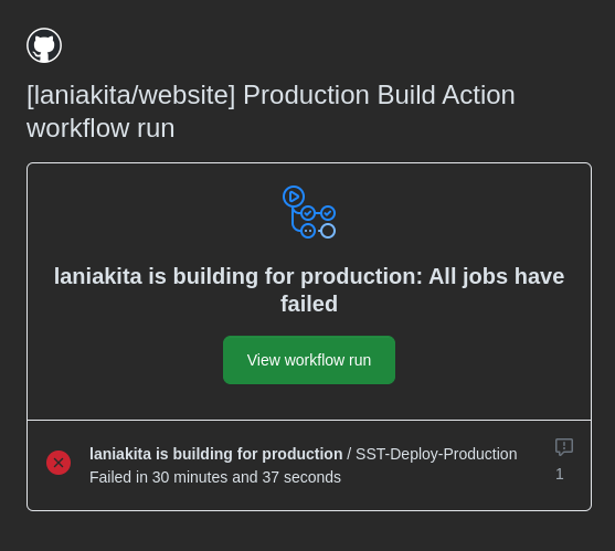 Screenshot of a GitHub Action notification email on the status of the Production Build Action workflow run, that informed me that all jobs have failed. The info box states: laniakita is building for production / SST-Deploy-Production Failed in 30 minutes and 37 seconds