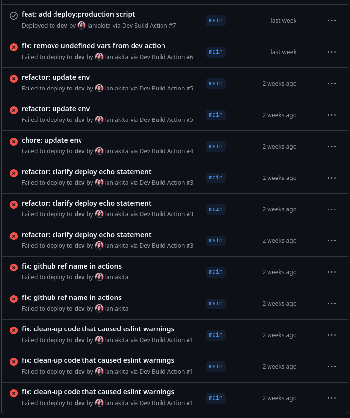 Screenshot of the process it took to get the dev action working.