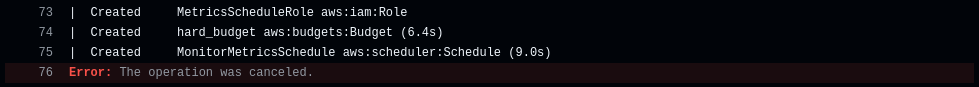Screenshot of Production Build #45, hanging once more at line 73-75, with the canceled message below it.