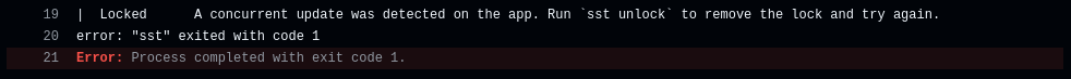 Screenshot of Production Build #44, showing a locked sst state error, (again) failing the Deploy step