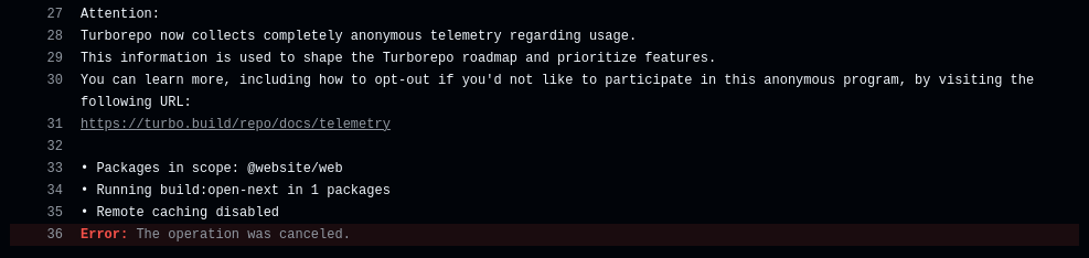 Screenshot of Production Build #41 attempt 03, getting stuck building @website/web.